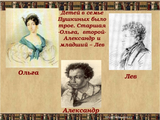 Детей в семье Пушкиных было трое. Старшая -Ольга, второй- Александр и младший – Лев  Ольга  Лев  Александр