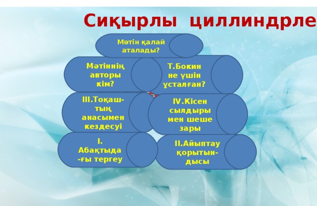 Сиқырлы циллиндрлер Мәтін қалай аталады? Т.Бокин не үшін ұсталған? Мәтіннің авторы кім? III .Тоқаш- тың анасымен кездесуі IV .Кісен сылдыры мен шеше зары I . Абақтыда-ғы тергеу II .Айыптау қорытын- дысы