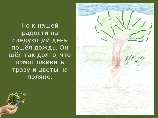 Но к нашей радости на следующий день пошёл дождь. Он шёл так долго, что помог оживить траву и цветы на поляне.