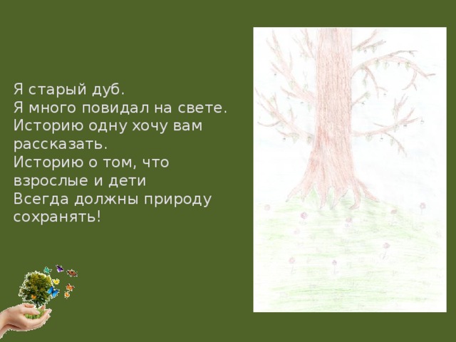 Я старый дуб. Я много повидал на свете. Историю одну хочу вам рассказать. Историю о том, что взрослые и дети Всегда должны природу сохранять!