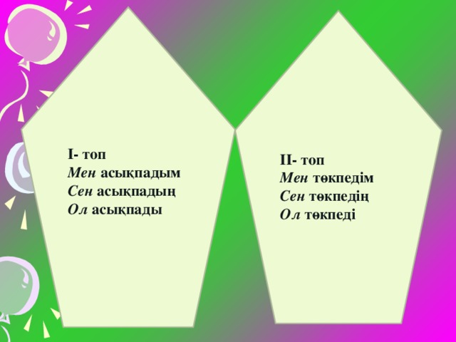 І- топ Мен асықпадым Сен асықпадың Ол асықпады   ІІ- топ Мен төкпедім Сен төкпедің Ол төкпеді