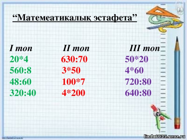 “ Матемеатикалық эстафета” І топ ІІ топ ІІІ топ 20*4  630:70  50*20 560:8  3*50  4*60 48:60  100*7  720:80 320:40  4*200  640:80