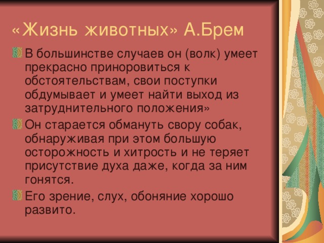 В большинстве случаев он (волк) умеет прекрасно приноровиться к обстоятельствам, свои поступки обдумывает и умеет найти выход из затруднительного положения» Он старается обмануть свору собак, обнаруживая при этом большую осторожность и хитрость и не теряет присутствие духа даже, когда за ним гонятся. Его зрение, слух, обоняние хорошо развито.