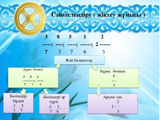 Сәйкестендіру ( жіктеу жұмысы )  3 8 5 1 2  -----; ----; -----; ------; 2 ------  7 3 7 6 3 Жай бөлшектер Дұрыс бөлшек  3 5 1  -----; ----; -----;  7 7 6 Бұрыс бөлшек 8 --- 3 Бөлімдері бірдей 3 5 7 7 Бөлімдері әр түрлі Аралас сан  2 3 1 2 7 6  3