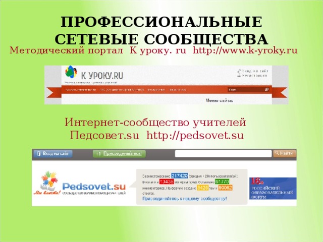 ПРОФЕССИОНАЛЬНЫЕ СЕТЕВЫЕ СООБЩЕСТВА Методический портал К уроку. ru http://www.k-yroky.ru Интернет-сообщество учителей  Педсовет.su http://pedsovet.su