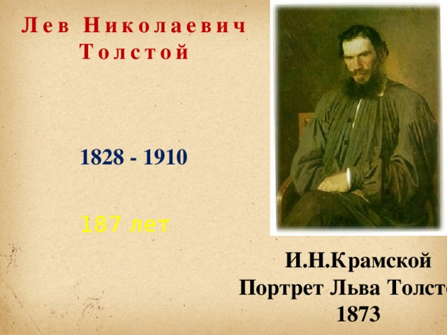 Лев Николаевич Толстой 1828 - 1910 187 лет И.Н.Крамской Портрет Льва Толстого 1873