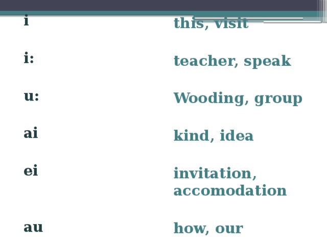 i  i:  u:  ai  ei   au  this, visit  teacher, speak  Wooding, group  kind, idea  invitation, accomodation  how, our