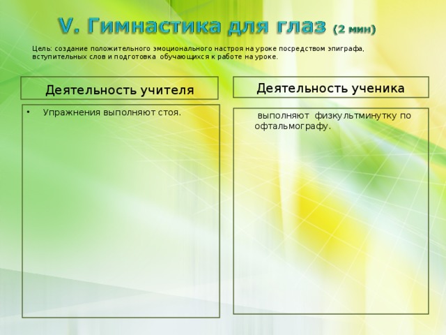 Цель: создание положительного эмоционального настроя на уроке посредством эпиграфа, вступительных слов и подготовка обучающихся к работе на уроке. Деятельность ученика Деятельность учителя Упражнения выполняют стоя.    выполняют физкультминутку по офтальмографу.
