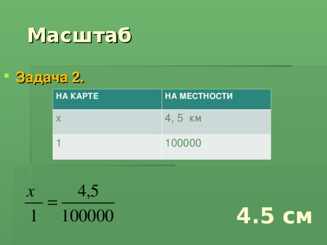 Масштаб Задача 2.  НА КАРТЕ НА МЕСТНОСТИ х 4, 5 км 1 100000 4.5 см