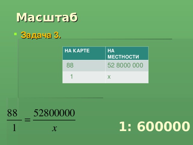 Масштаб Задача 3.  НА КАРТЕ НА МЕСТНОСТИ  88 52 8000 000  1 х 1: 600000