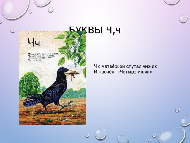 БУКВЫ Ч,ч Ч с четвёркой спутал чижик И прочёл: «Четыре ижик».