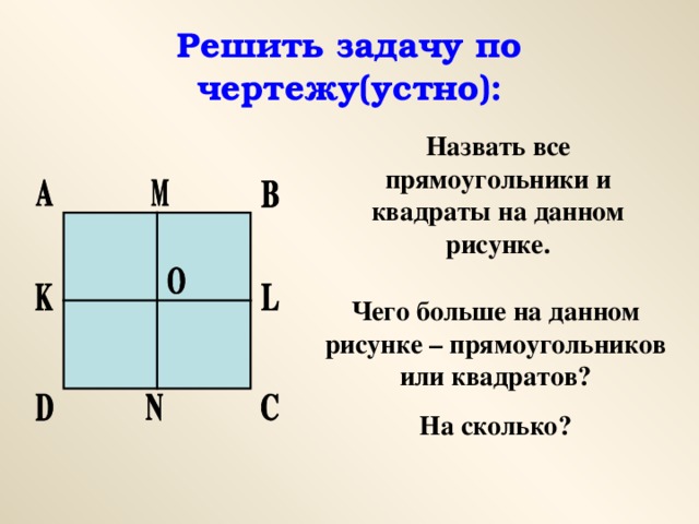 Решить задачу по чертежу(устно): Назвать все прямоугольники и квадраты на данном рисунке. Чего больше на данном рисунке – прямоугольников или квадратов? На сколько?