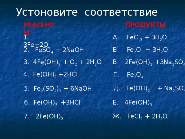 Устоновите соответствие ПРОДУКТЫ  РЕАГЕНТЫ  1. 3 Fe+2O 2  А. FeCl 3 + 3H 2 O Б. Fe 2 O 3 + 3H 2 O 2. FeSO 4 + 2NaOH 3. 4Fe(OH) 2 + O 2 + 2H 2 O В. 2Fe(OH) 3 +3Na 2 SO 4 4. Fe(OH) 2 +2HCl Г. Fe 3 O 4 Д. Fe(OH) 2 + Na 2 SO 4 5. Fe 2 (SO 4 ) 3 + 6NaOH Е. 4Fe(OH) 3 6. Fe(OH) 3 +3HCl 7. 2Fe(OH) 3  Ж. FeCl 2 + 2H 2 O