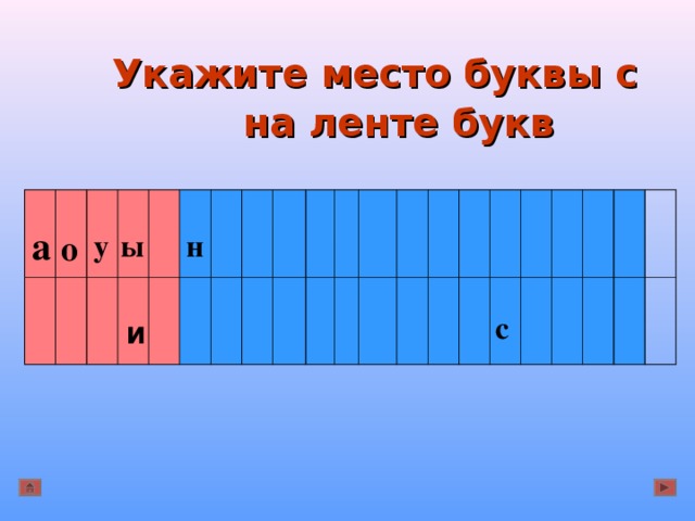 Укажите место буквы с  на ленте букв  а о у ы н с и