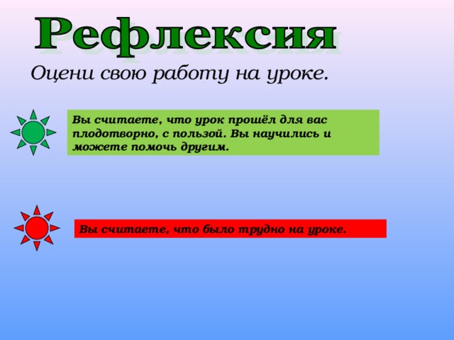 Оцени свою работу на уроке. Вы считаете, что урок прошёл для вас плодотворно, с пользой. Вы научились и можете помочь другим. Вы считаете, что было трудно на уроке.