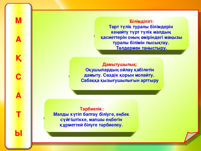 М  А  Қ  С  А  Т   Ы  Білімділігі: Төрт түлік туралы білімдерін  кеңейту түрт түлік малдың  қасиеттерін оның өміріндегі маңызы  туралы білімін пысықтау. Төлдермен таныстыру.    Дамытушылық: Оқушылардың ойлау қабілетін  дамыту. Сөздік қорын молайту. Сабаққа қызығушылығын арттыру  Тәрбиелік:   Малды күтіп баптау біліуге, еңбек  сүйгіштікке, малшы еңбегін құрметтей білуге тәрбиелеу.