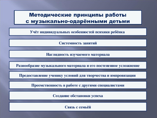 Учёт индивидуальных особенностей психики ребёнка Системность занятий Наглядность изучаемого материала Разнообразие музыкального материала и его постепенное усложнение Предоставление ученику условий для творчества и импровизации Преемственность в работе с другими специалистами Создание обстановки успеха Связь с семьёй