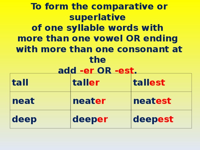 To form the comparative or superlative of one syllable words with more than one vowel OR ending with more than one consonant at the add -er OR -est . tall neat tall er tall est neat er deep neat est deep er deep est  