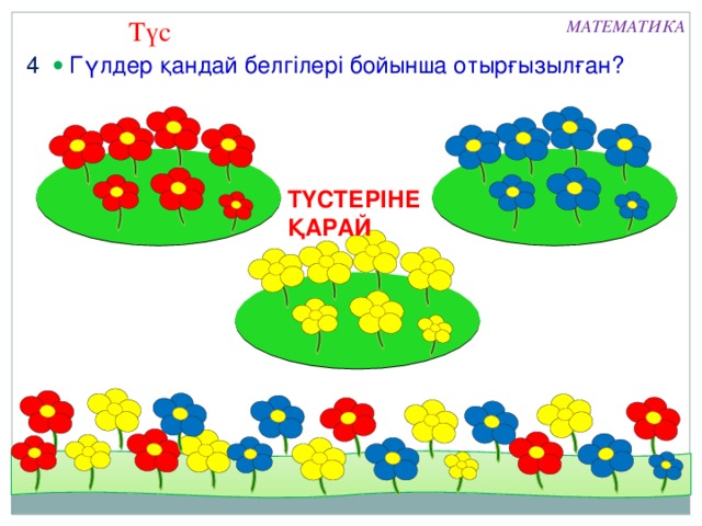 Түс МАТЕМАТИКА 3   Әр қатардағы фигуралардың ұқсастығы мен айырмашылығын анықтаңдар. оң жақ   Оң жақтағы барлық фигуралардың ұқсастығын тап. ӨЛШЕМ ТҮС ПІШІН