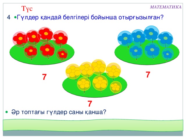 Түс МАТЕМАТИКА 4   Гүлдер қандай белгілері бойынша отырғызылған? ТҮСТЕРІНЕ ҚАРАЙ