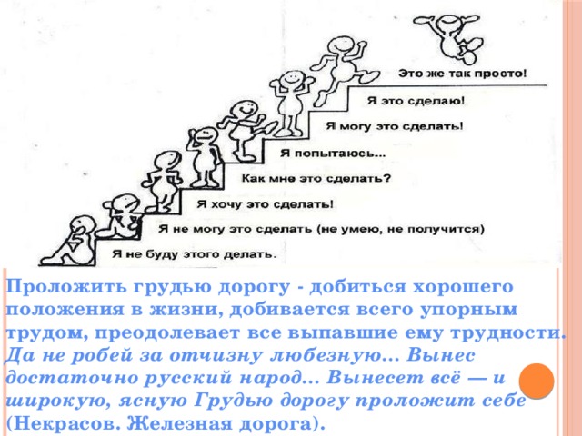 Проложить грудью дорогу - добиться хорошего положения в жизни, добивается всего упорным трудом, преодолевает все выпавшие ему трудности.  Да не робей за отчизну любезную… Вынес достаточно русский народ… Вынесет всё — и широкую, ясную Грудью дорогу проложит себе (Некрасов. Железная дорога).