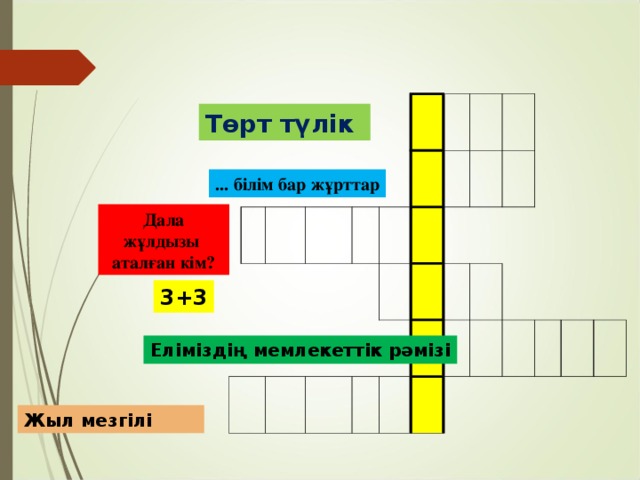 Төрт түлік ... білім бар жұрттар Дала жұлдызы аталған кім? 3+3 Еліміздің мемлекеттік рәмізі Жыл мезгілі