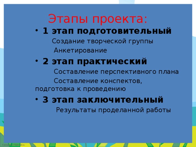 Этапы проекта: 1 этап подготовительный  Создание творческой группы  Анкетирование 2 этап практический  Составление перспективного плана  Составление конспектов, подготовка к проведению 3 этап заключительный  Результаты проделанной работы