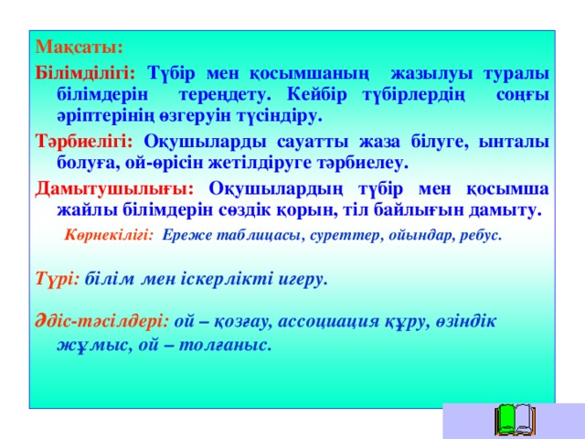 Мақсаты:  Білімділігі: Түбір мен қосымшаның жазылуы туралы білімдерін тереңдету. Кейбір түбірлердің соңғы әріптерінің өзгеруін түсіндіру. Тәрбиелігі: Оқушыларды сауатты жаза білуге, ынталы болуға, ой-өрісін жетілдіруге тәрбиелеу. Дамытушылығы: Оқушылардың түбір мен қосымша жайлы білімдерін сөздік қорын, тіл байлығын дамыту. Көрнекілігі: Ереже таблицасы, суреттер, ойындар, ребус. Көрнекілігі: Ереже таблицасы, суреттер, ойындар, ребус.  Түрі:  білім мен іскерлікті игеру.  Әдіс-тәсілдері: ой – қозғау, ассоциация құру, өзіндік жұмыс, ой – толғаныс.