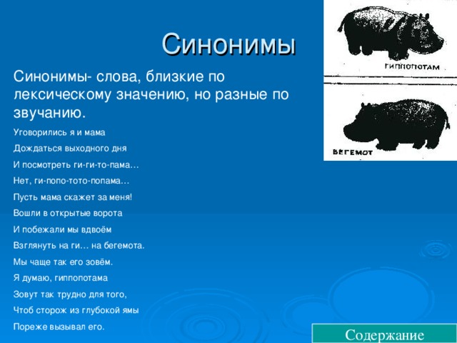 Синонимы Синонимы- слова, близкие по лексическому значению, но разные по звучанию. Уговорились я и мама Дождаться выходного дня И посмотреть ги-ги-то-пама… Нет, ги-попо-тото-попама… Пусть мама скажет за меня! Вошли в открытые ворота И побежали мы вдвоём Взглянуть на ги… на бегемота. Мы чаще так его зовём. Я думаю, гиппопотама Зовут так трудно для того, Чтоб сторож из глубокой ямы Пореже вызывал его. Содержание