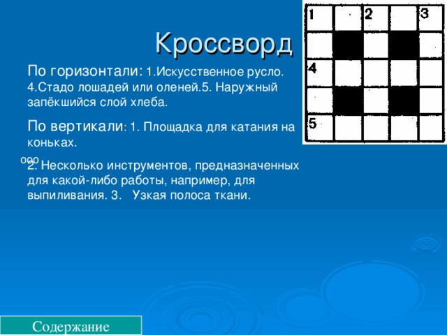 Кроссворд По горизонтали:  1.Искусственное русло. 4.Стадо лошадей или оленей.5. Наружный запёкшийся слой хлеба. По вертикали : 1. Площадка для катания на коньках. 2. Несколько инструментов, предназначенных для какой-либо работы, например, для выпиливания. 3. Узкая полоса ткани. ооо Содержание