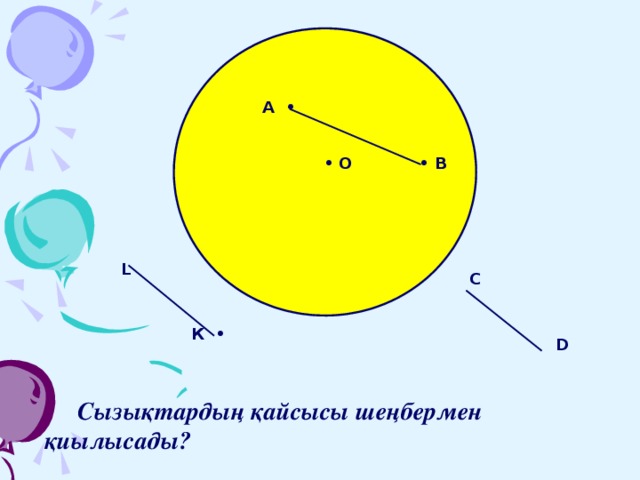 А • • В • О  L  C  К •  D  Сызықтардың қайсысы шеңбермен қиылысады?