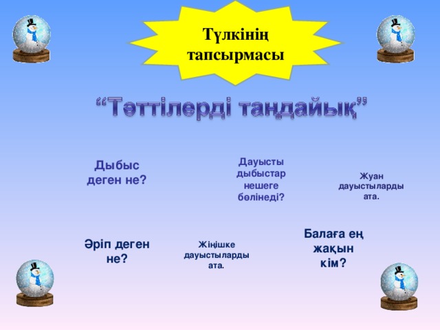 Түлкінің тапсырмасы Дауысты дыбыстар нешеге бөлінеді? Дыбыс деген не?   Жуан дауыстыларды ата. Балаға ең жақын кім? Жіңішке дауыстыларды ата. Әріп деген не?