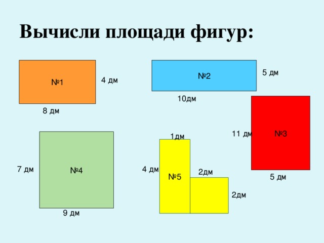 Вычисли площади фигур: № 1 № 2 5 дм 4 дм 10дм № 3 8 дм 11 дм 1дм № 4 № 5 7 дм 4 дм 2дм 5 дм 2дм 9 дм