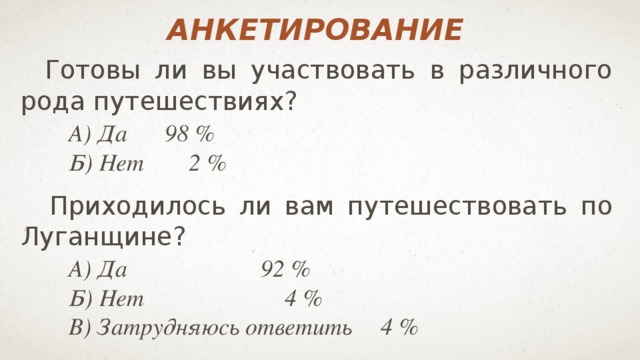 анкетирование  Готовы ли вы участвовать в различного рода путешествиях?   А) Да   98 %   Б) Нет   2 %   Приходилось ли вам путешествовать по Луганщине?   А) Да       92 %   Б) Нет       4 %   В) Затрудняюсь ответить   4 %