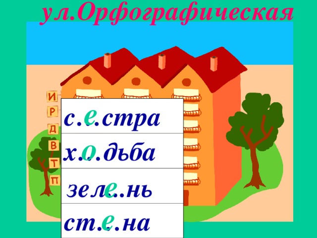 ул.Орфографическая 1 склонение м.р. ж.р. е с…стра х…дьба ст…на -я -а о е зел...нь е