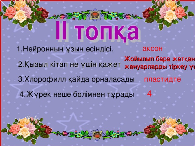 аксон 1.Нейронның ұзын өсіндісі.  Жойылып бара жатқан  жануарларды тіркеу үшін 2.Қызыл кітап не үшін қажет 3.Хлорофилл қайда орналасады пластидте   4   4.Жүрек неше бөлімнен тұрады