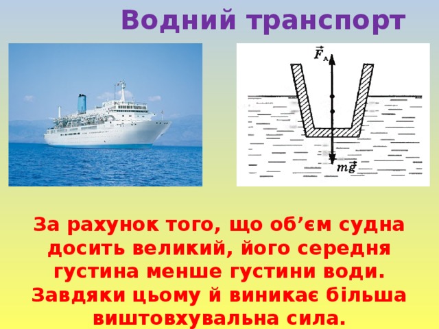 Водний транспорт За рахунок того, що об’єм судна досить великий, його середня густина менше густини води. Завдяки цьому й виникає більша виштовхувальна сила.