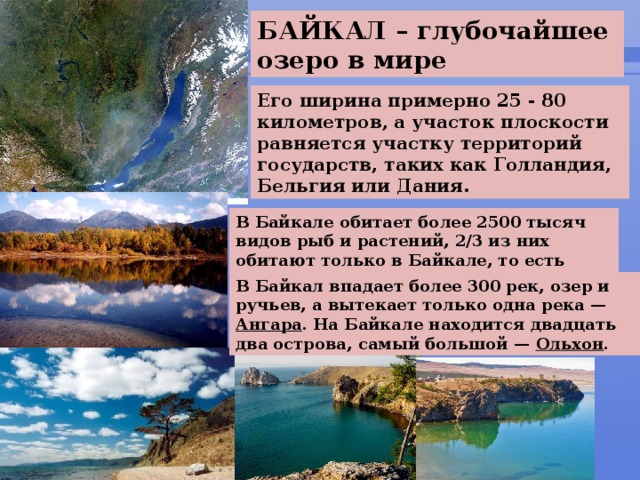 БАЙКАЛ – глубочайшее озеро в мире Его ширина примерно 25 - 80 километров, а участок плоскости равняется участку территорий государств, таких как Голландия, Бельгия или Дания. В Байкале обитает более 2500 тысяч видов рыб и растений, 2/3 из них обитают только в Байкале, то есть являются эндемиками В Байкал впадает более 300 рек, озер и ручьев, а вытекает только одна река — Ангара . На Байкале находится двадцать два острова, самый большой — Ольхон .