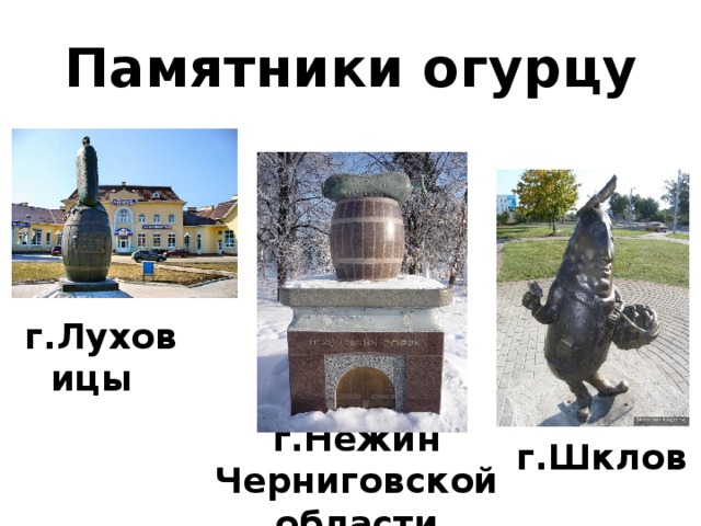 Памятники огурцу г.Луховицы г.Шклов г.Нежин Черниговской области