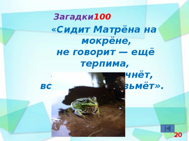 Загадки 100 « Сидит Матрёна на мокрёне,  не говорит — ещё терпима, а как речь начнёт, всех досада возьмёт».  лягушка