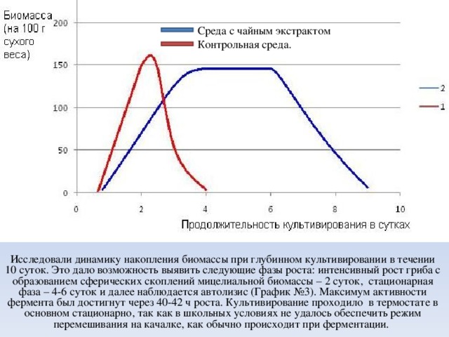 Среда с чайным экстрактом Контрольная среда. Исследовали динамику накопления биомассы при глубинном культивировании в течении 10 суток. Это дало возможность выявить следующие фазы роста: интенсивный рост гриба с образованием сферических скоплений мицелиальной биомассы – 2 суток, стационарная фаза – 4-6 суток и далее наблюдается автолизис (График №3). Максимум  активности фермента был достигнут через 40-42 ч роста. Культивирование проходило в термостате в основном стационарно, так как в школьных условиях не удалось обеспечить режим перемешивания на качалке, как обычно происходит при ферментации.