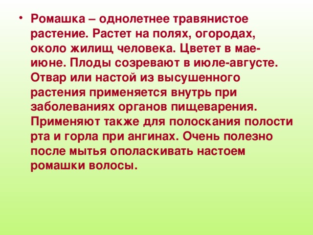 Ромашка – однолетнее травянистое растение. Растет на полях, огородах, около жилищ человека. Цветет в мае-июне. Плоды созревают в июле-августе. Отвар или настой из высушенного растения применяется внутрь при заболеваниях органов пищеварения. Применяют также для полоскания полости рта и горла при ангинах. Очень полезно после мытья ополаскивать настоем ромашки волосы.