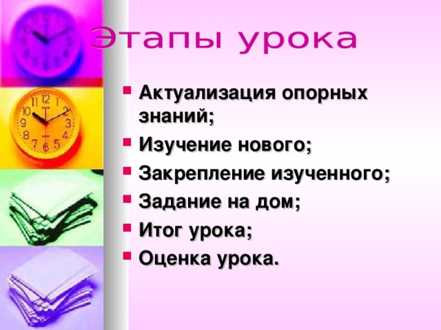 Актуализация опорных знаний; Изучение нового; Закрепление изученного; Задание на дом; Итог урока; Оценка урока.