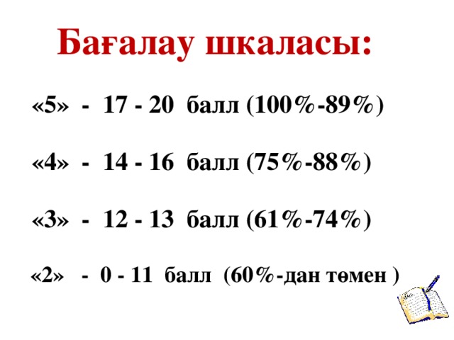 Бағалау шкаласы:  «5» - 17 - 20 балл (100%-89%)   «4» - 14 - 16 балл (75%-88%)   «3» - 12 - 13 балл (61%-74%)   «2» - 0 - 11 балл (60%-дан төмен )