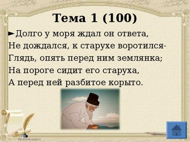 Тема 1 (100) Долго у моря ждал он ответа, Не дождался, к старухе воротился- Глядь, опять перед ним землянка; На пороге сидит его старуха, А перед ней разбитое корыто.