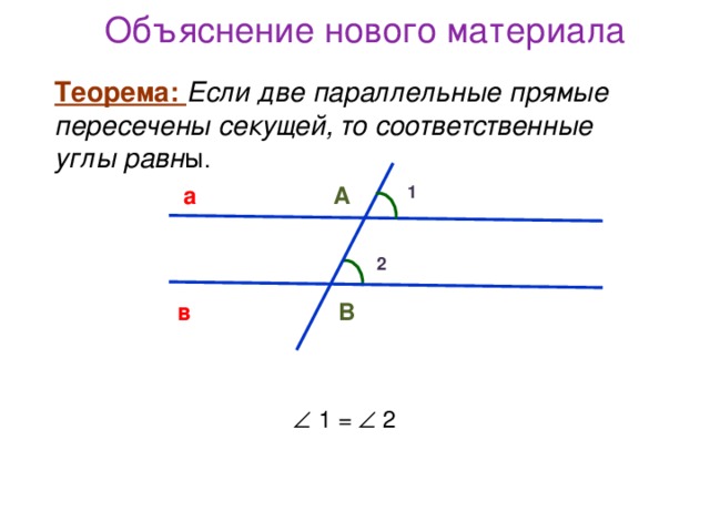 Объяснение нового материала Теорема: Если две параллельные прямые пересечены секущей, то соответственные углы равн ы . Теорема: Если две параллельные прямые пересечены секущей, то соответственные углы равн ы . а 1 А 2 в В   1 =   2