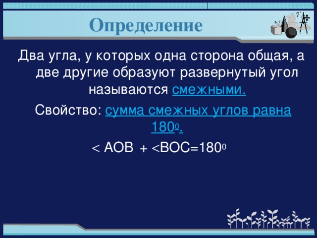 Определение    Два угла, у которых одна сторона общая, а две другие образуют развернутый угол называются смежными.  Свойство: сумма смежных углов равна 180 0 .   А OB  +  B ОС=180 0