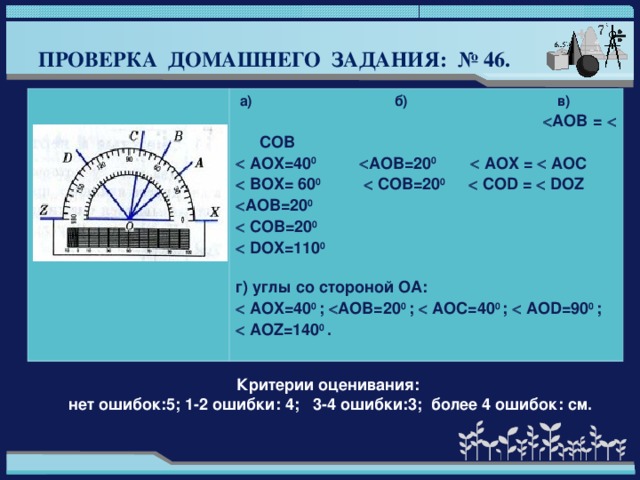 ПРОВЕРКА ДОМАШНЕГО ЗАДАНИЯ: № 46.    а) б) в)   AOB =  COB   AOX=40 0   AOB=20 0    AOX =  AO С   BOX= 60 0   COB=20 0    СО D =  DOZ  AOB=20 0   COB=20 0   DOX=110 0   г) углы со стороной ОА:   AOX=40 0 ;  AOB=20 0 ;  AO С =40 0 ;  AOD=90 0 ;   AOZ=140 0 . Критерии оценивания: нет ошибок:5; 1-2 ошибки: 4; 3-4 ошибки:3; более 4 ошибок: см.