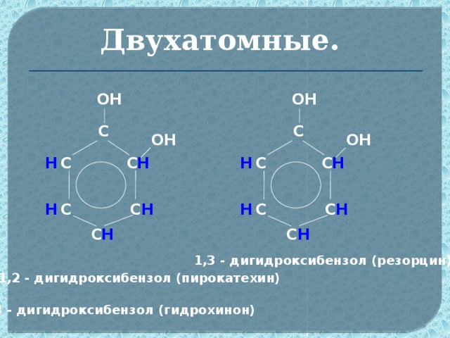 Двухатомные. ОH ОH С С OH OH   H  С С С H H  С H H  С С H H H  С С С С H H 1,3 - дигидроксибензол (резорцин) 1,2 - дигидроксибензол (пирокатехин) 4 - дигидроксибензол (гидрохинон)