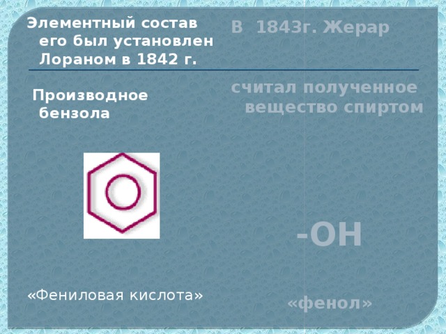 Элементный состав его был установлен Лораном в 1842 г.   Производное бензола   «Фениловая кислота» В 1843г. Жерар   считал полученное вещество спиртом    -ОН   «фенол»